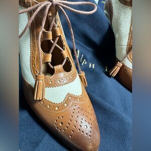 Ralph Lauren 2020 Pre-Fall Collection Scarlette Calfskin Spectator in Gold/Ecru